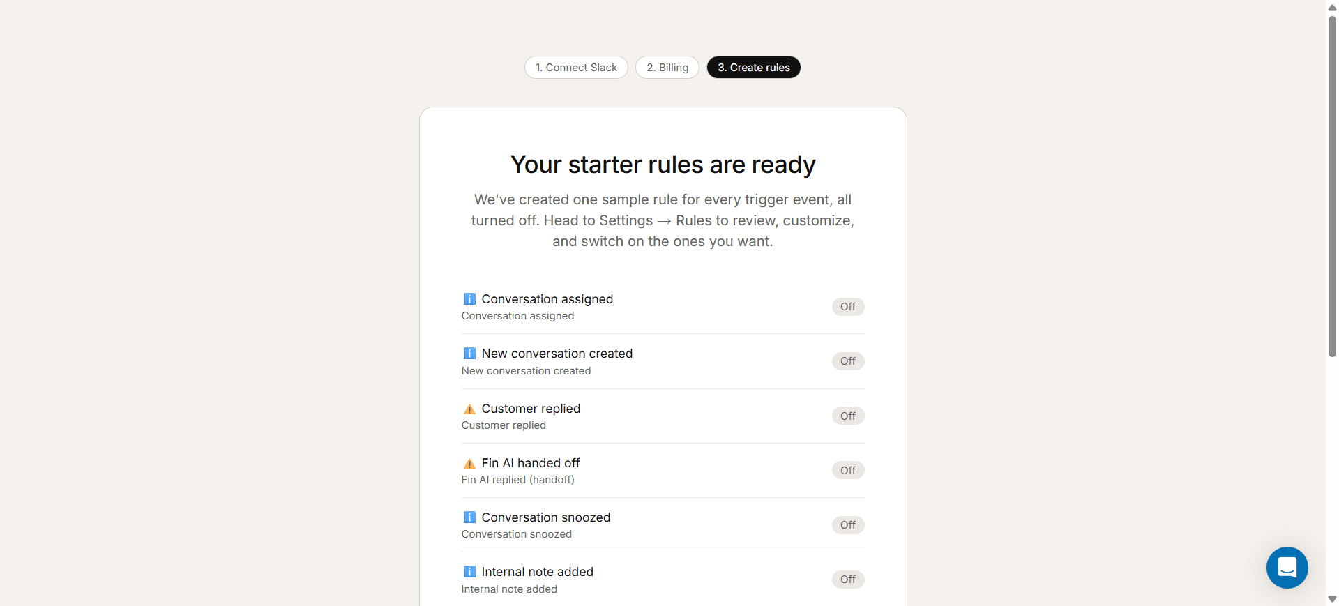 List of starter rules created automatically during onboarding, all switched off