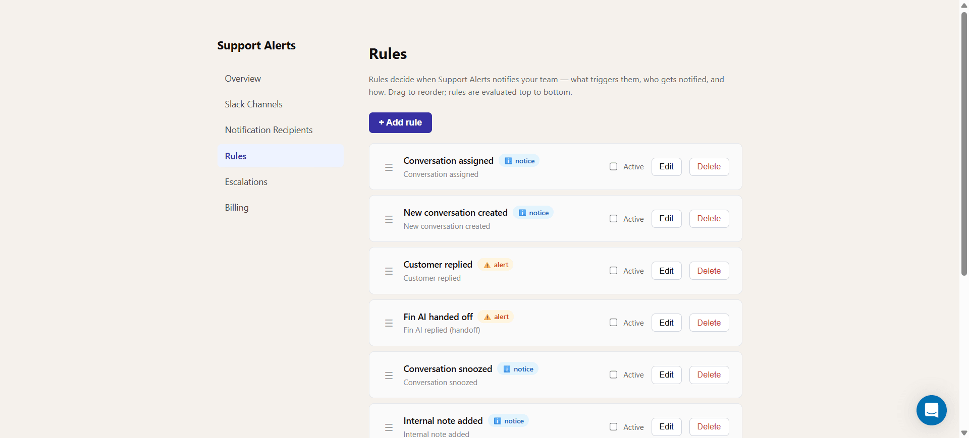 Settings dashboard showing the sidebar navigation and the list of rules