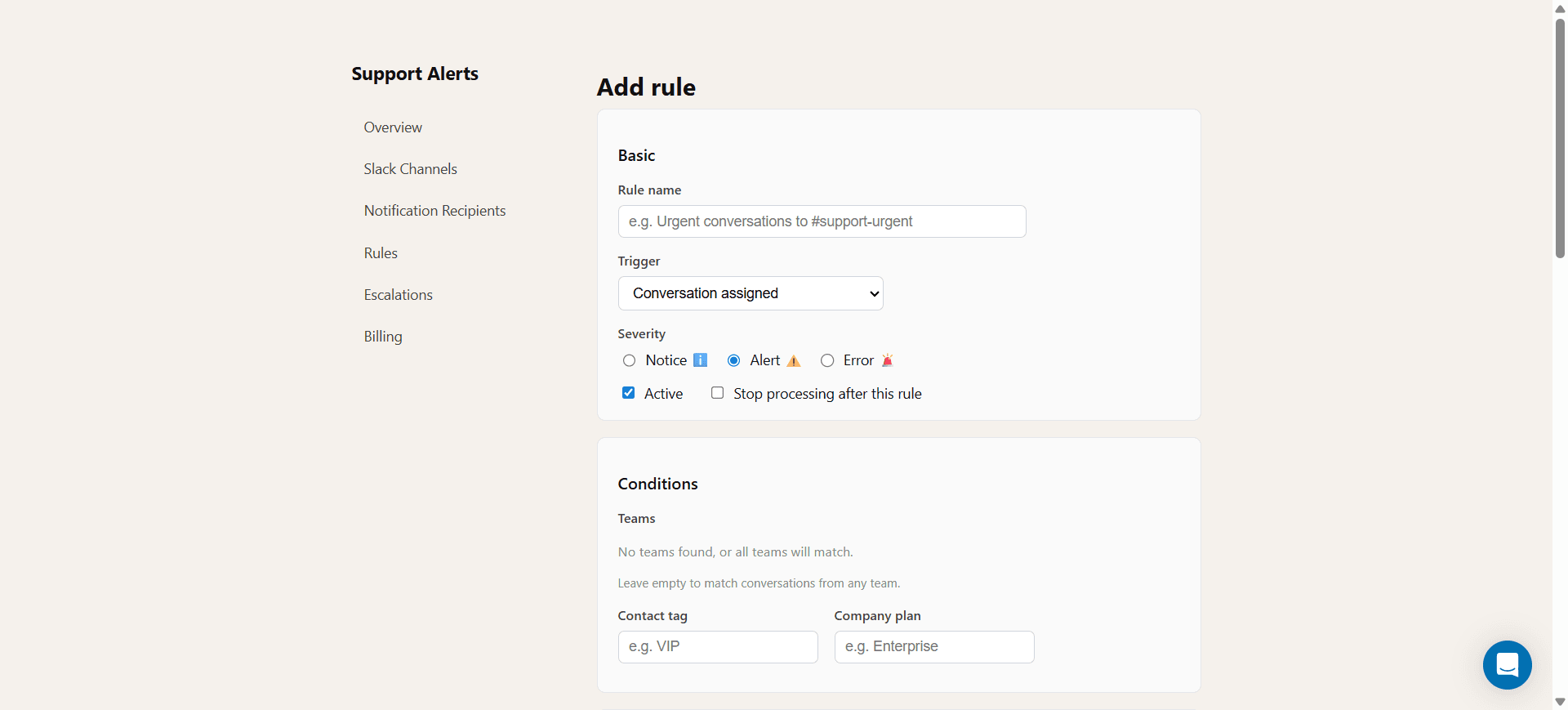 Rule editor showing trigger, severity, and condition fields