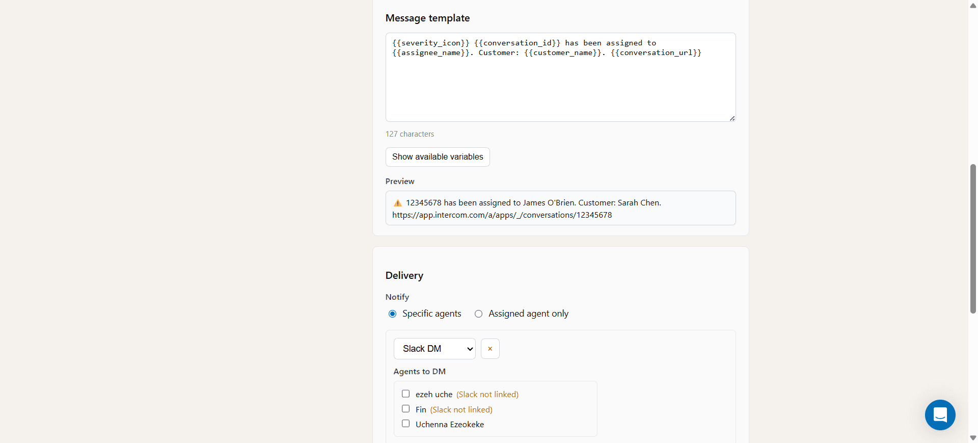 Rule editor showing the message template, live preview, and delivery options