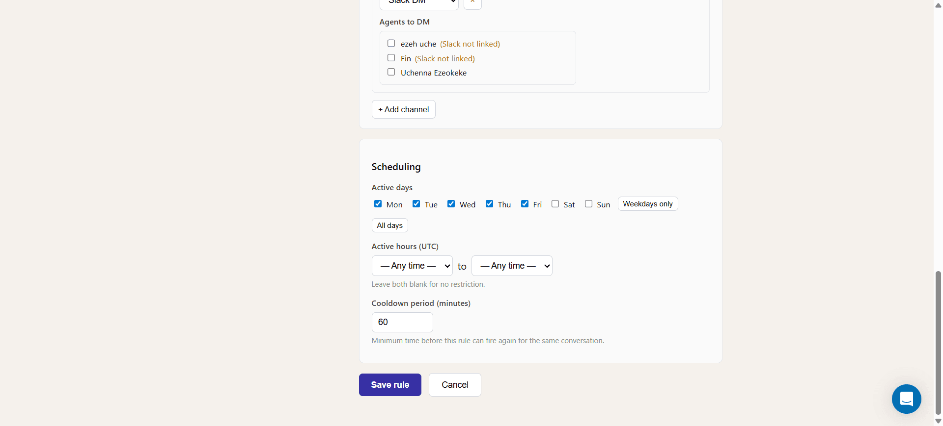 Rule editor showing scheduling options for active days, hours, and cooldown