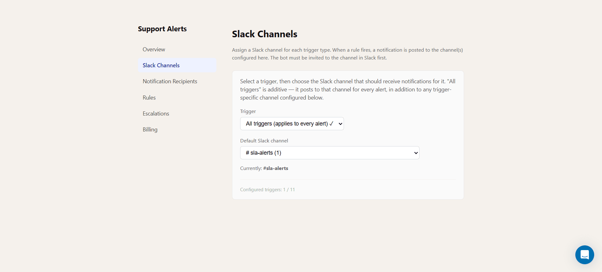 Slack Channels page with a default channel set for all triggers