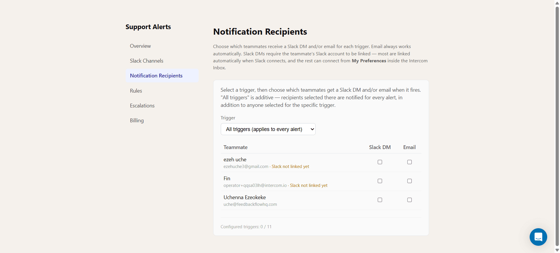 Notification Recipients page with a table of teammates and Slack DM / Email checkboxes