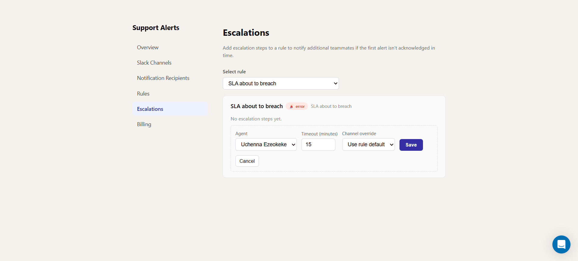 Escalations page showing a rule selector and a form for adding an escalation step