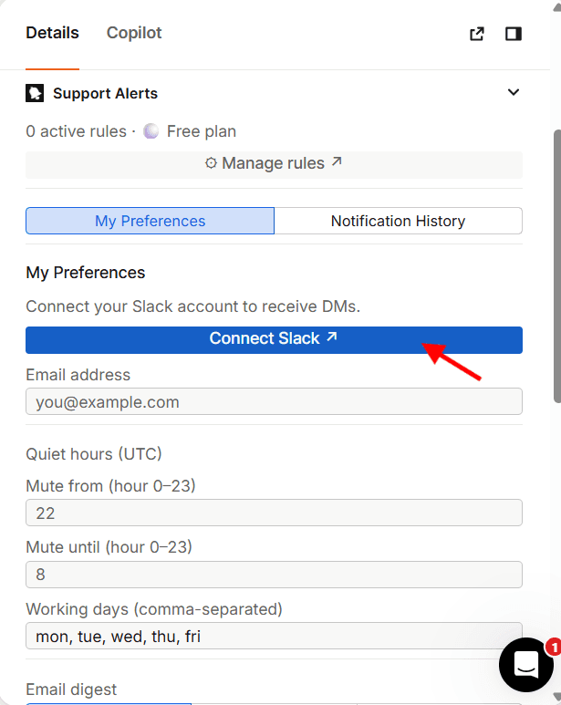 My Preferences panel in the Intercom inbox sidebar, showing the Connect Slack button and notification settings