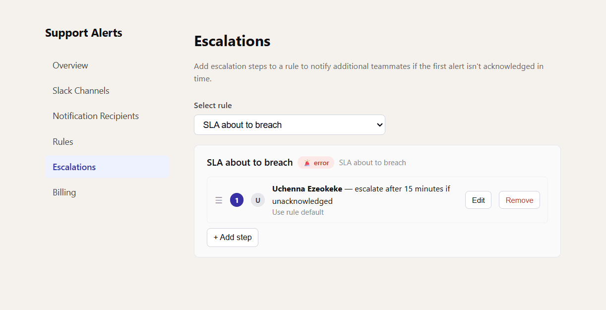 Escalation chain configuration screen showing a step that escalates after 15 minutes if unacknowledged