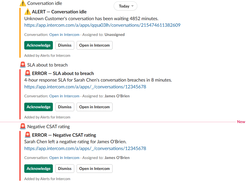 Support Alerts notification feed showing idle conversation, SLA breach, and negative CSAT alerts