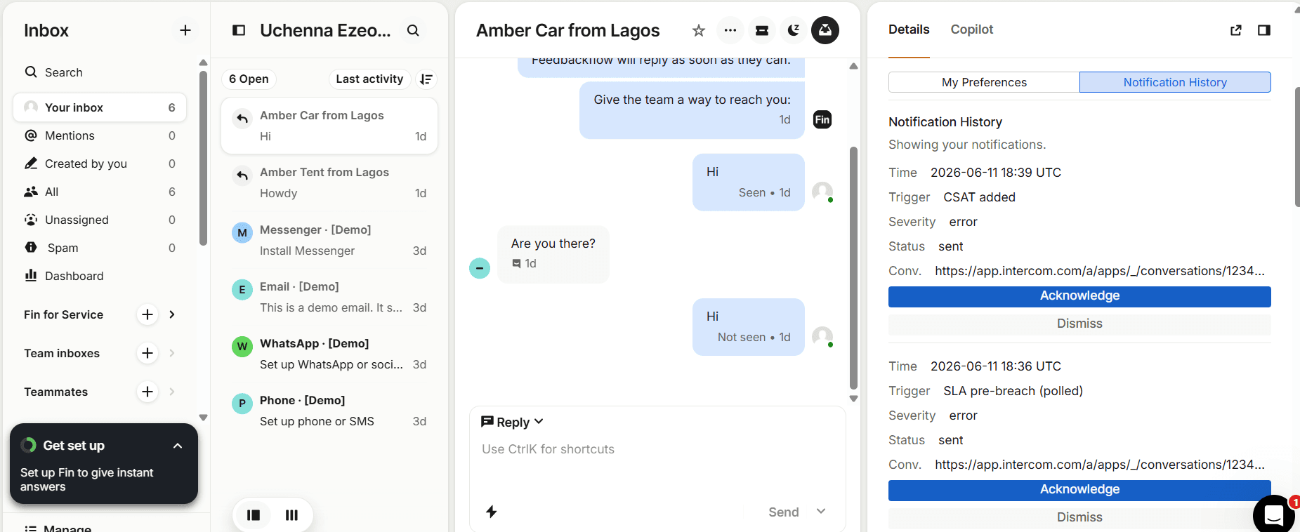 Support Alerts notification history panel inside the Intercom Inbox