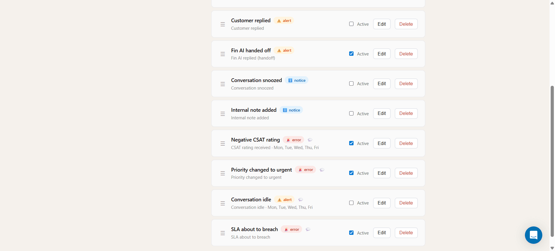 Notification rules list inside the Intercom Inbox sidebar